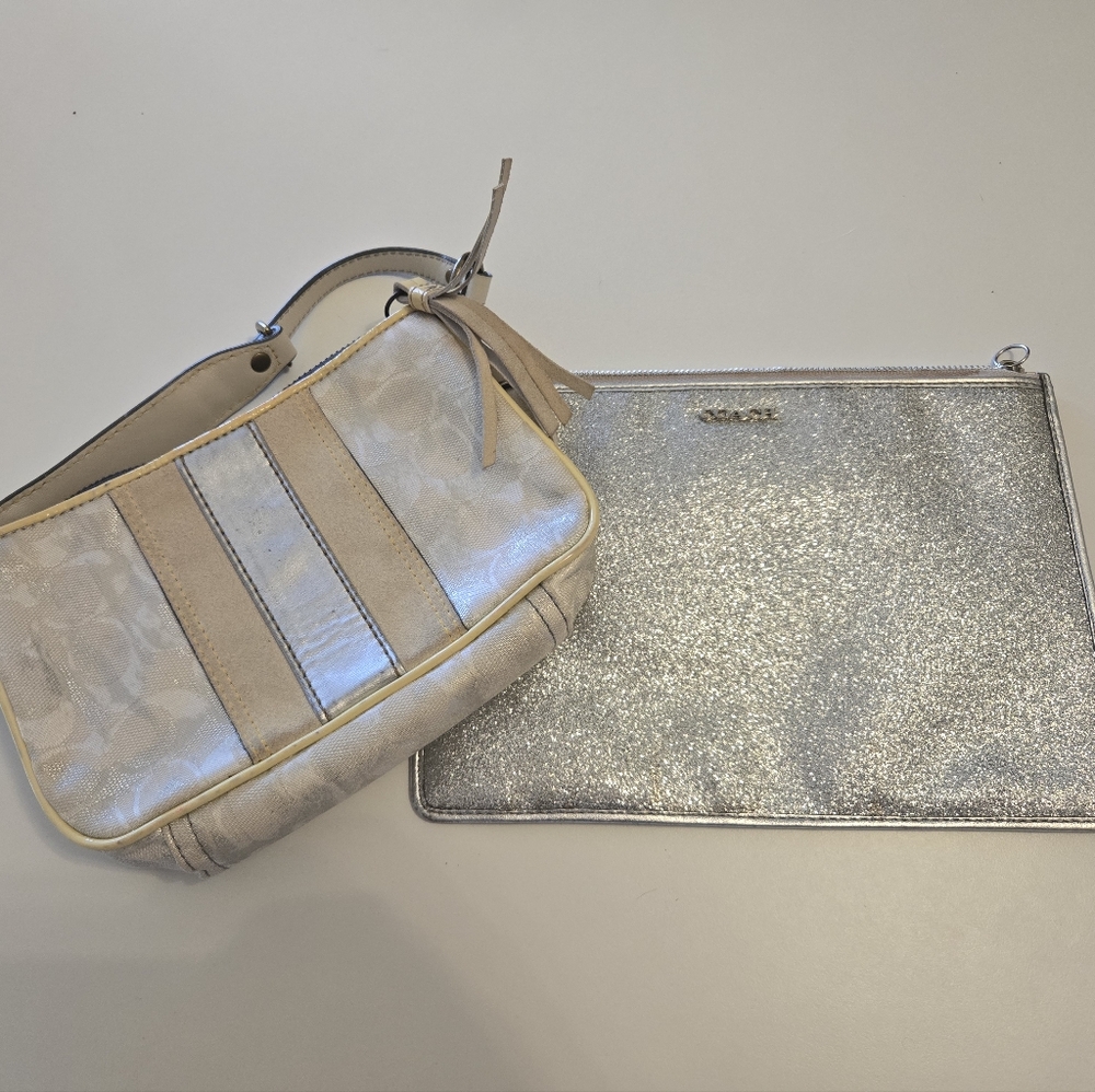2 For 1! Coach Cream and Silver Clutch and Mini Bag